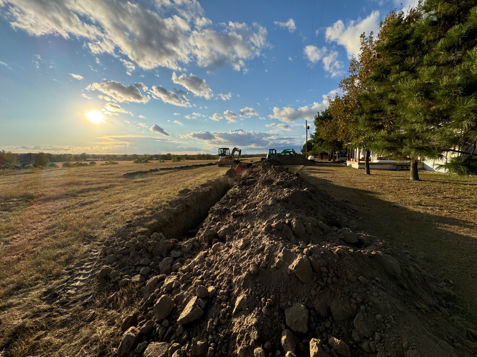 Septic drainfield fabric and chamber runs excavation