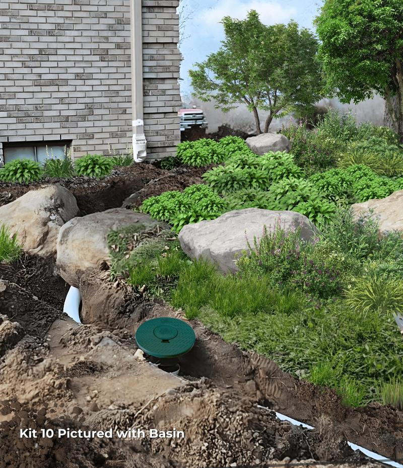 Buried downspout system components — pipe cleanout emitter pop-up